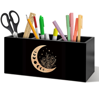 ANIANG Witchy Floral Moon Pen Holder Organizer Desk Decor, Witchy Room Decor, Boho Black Gold Celestial Crescent Moon Phase Wooden Pen Pencil Holders for Home Office Desk Accessories