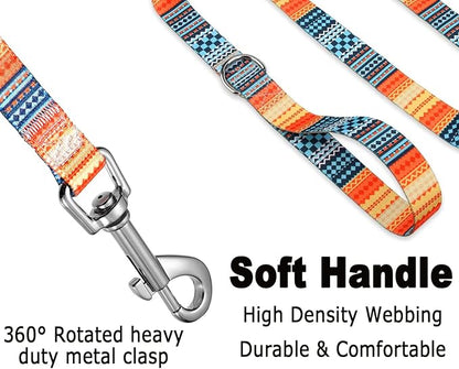 Mihqy Dog Collar and Leash Set with Bohemia Floral Tribal Geometric Patterns - Soft Ethnic Style Collar Adjustable for Small Medium Large Dogs(Bohemian Orange Set,M)