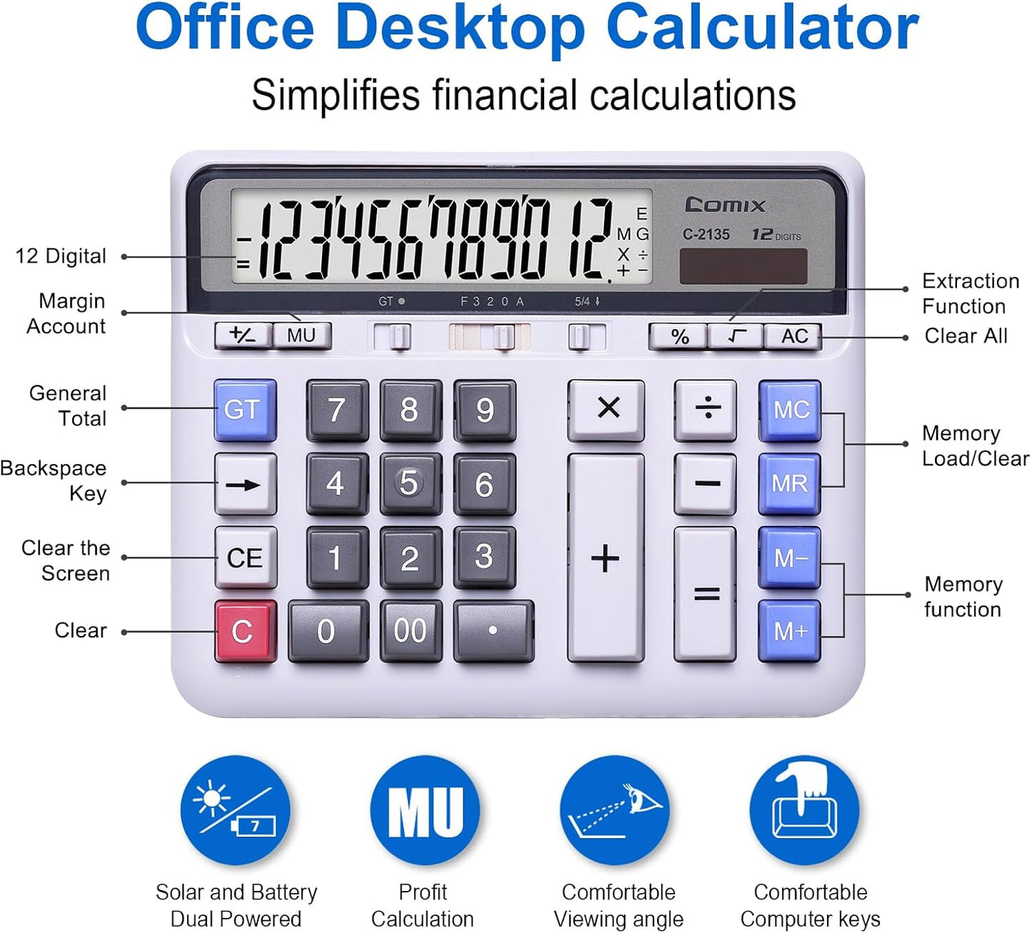 Comix Desktop Calculator Solar Battery Dual Power with 12-Digit Large LCD Display and Large Computer Keys Standard Function Calculator for Home Office School, White
