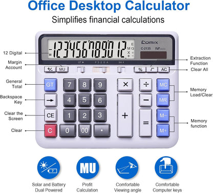 Comix Desktop Calculator Solar Battery Dual Power with 12-Digit Large LCD Display and Large Computer Keys Standard Function Calculator for Home Office School, White