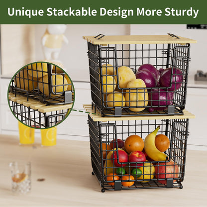 Wire Storage Basket for Kitchen Pantry: GGIU Stackable Kitchen Counter Organizers - Wire Organizing Bin for Produce Fruit Vegetable Potato and Onion Black