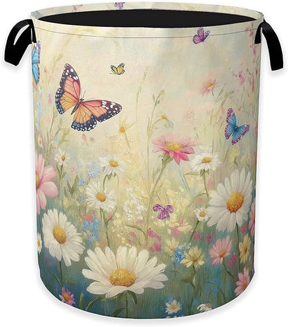 Spring Flowers Laundry Hamper, Watercolor Garden Wildflower Butterfly