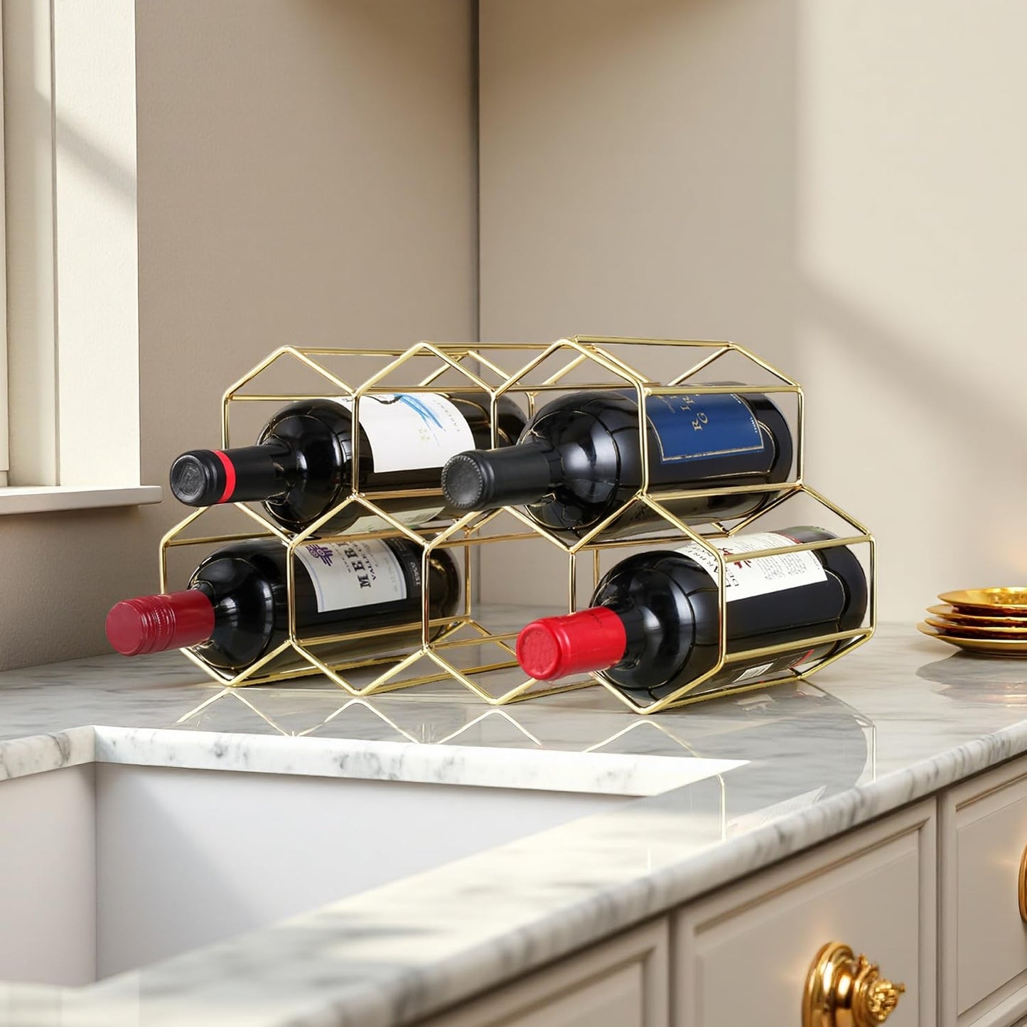 Buruis 9-Bottle Countertop Wine Rack, Honeycomb Metal Wine Holder for Red & White Wines, Standing Bottle Organizer for Home, Kitchen, or Bar, Gold