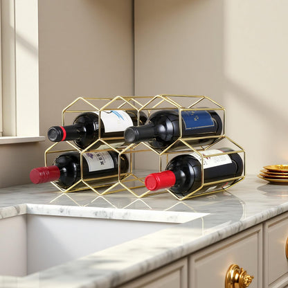 Buruis 9-Bottle Countertop Wine Rack, Honeycomb Metal Wine Holder for Red & White Wines, Standing Bottle Organizer for Home, Kitchen, or Bar, Gold