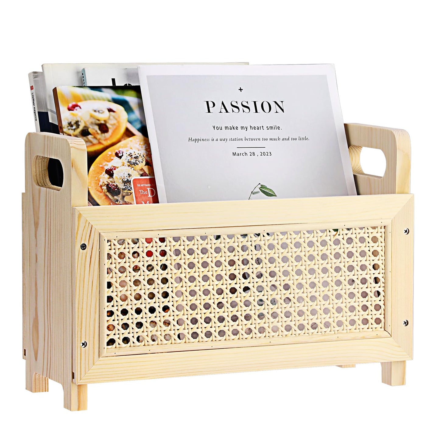 BTSKY Wooden Magazine Rack with Built-in-Handle, Desktop Magazine Holder Modern Rattan Hollow-out Design Mail Organizer, Assembly File Holder Letter Holder Floor Rack for Home & Office, Natural