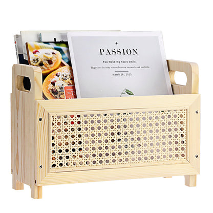 BTSKY Wooden Magazine Rack with Built-in-Handle, Desktop Magazine Holder Modern Rattan Hollow-out Design Mail Organizer, Assembly File Holder Letter Holder Floor Rack for Home & Office, Natural