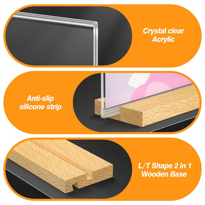 SVOPY 8.5 x 11 Acrylic Sign Holder with Wood Base - Tabletop Display Menu Stand - Clear Plastic L/T Shape Vertical or Slant Back Paper Holders - 3 pack