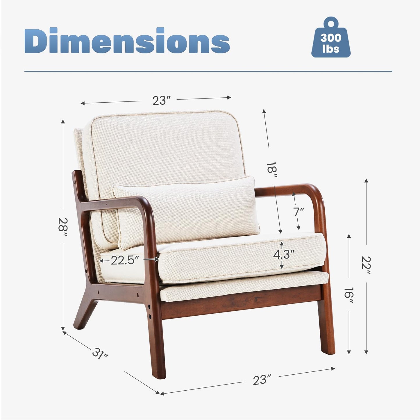 DUMOS Mid Century Modern Accent Chairs Set of 2, Armchair with Lumbar Pillow and Waist Cushion, Solid Wood Frame Lounge Chair for Living Room, Bedroom, Reading Nook, Small Apartment Corner, Beige