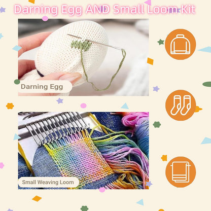 Darning Egg, Mini Darning Loom, Darning Egg Weaving Tool Set with Small Weaving Loom Kit with 14 Pcs Large Eye Needles 50 Colors Darning Thread for DIY Handicraft Home Sewing Care