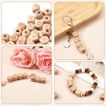 260pcs Wood Letter Beads for Bracelets 12mm Natural Square Wooden Beads A-Z Sorted Wooden Loose Letter Bead Cube Bead Bulk for Jewelry Bracelet Making