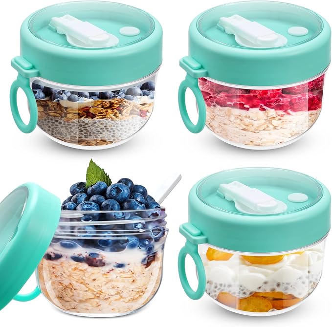 Gerrii 4 Pcs Overnight Oats Container with Lids and Spoons, 20 oz Plastic Overnight Oats Jars Large Capacity Airtight Yogurt Container for Milk, Fruit, Cereal and Salad Storage (Cyan)