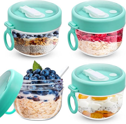 Gerrii 4 Pcs Overnight Oats Container with Lids and Spoons, 20 oz Plastic Overnight Oats Jars Large Capacity Airtight Yogurt Container for Milk, Fruit, Cereal and Salad Storage (Cyan)