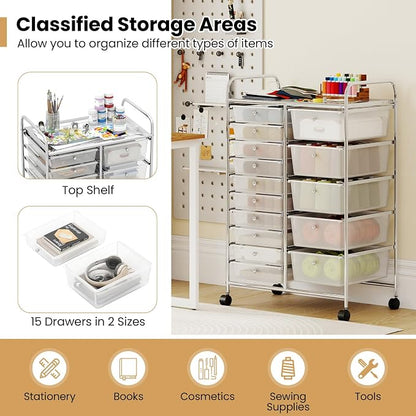 Giantex 15 Drawer Rolling Cart with Drawers, Storage Organizer Cart for Classroom Office School Teacher, Mobile Drawer Cart for Tools, Crafts, Small Printer, Clear