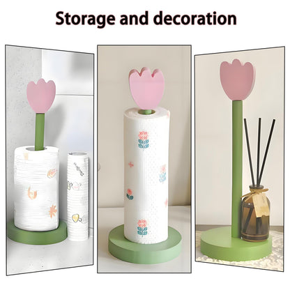 Paper Towel Holder Countertop, Cute Decorative Wooden Standing Paper Towel Roll Holder for Kitchen Bathroom, Bars & Dining Tables (Pink Flowers)