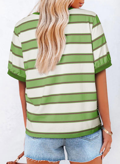 Dokotoo Womens Summer Tops 2025 Short Sleeve Tshirts Shirts for Women Striped Color Block Casual Loose Cotton T-Shirts Crew Neck Basic Cute Tees Lightweight 2025 Fashion Ladies Tops Green Large