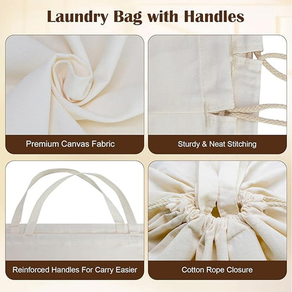 Canvas Laundry Bags with Handles & Rectangular Base, Washable Canvas Drawstring