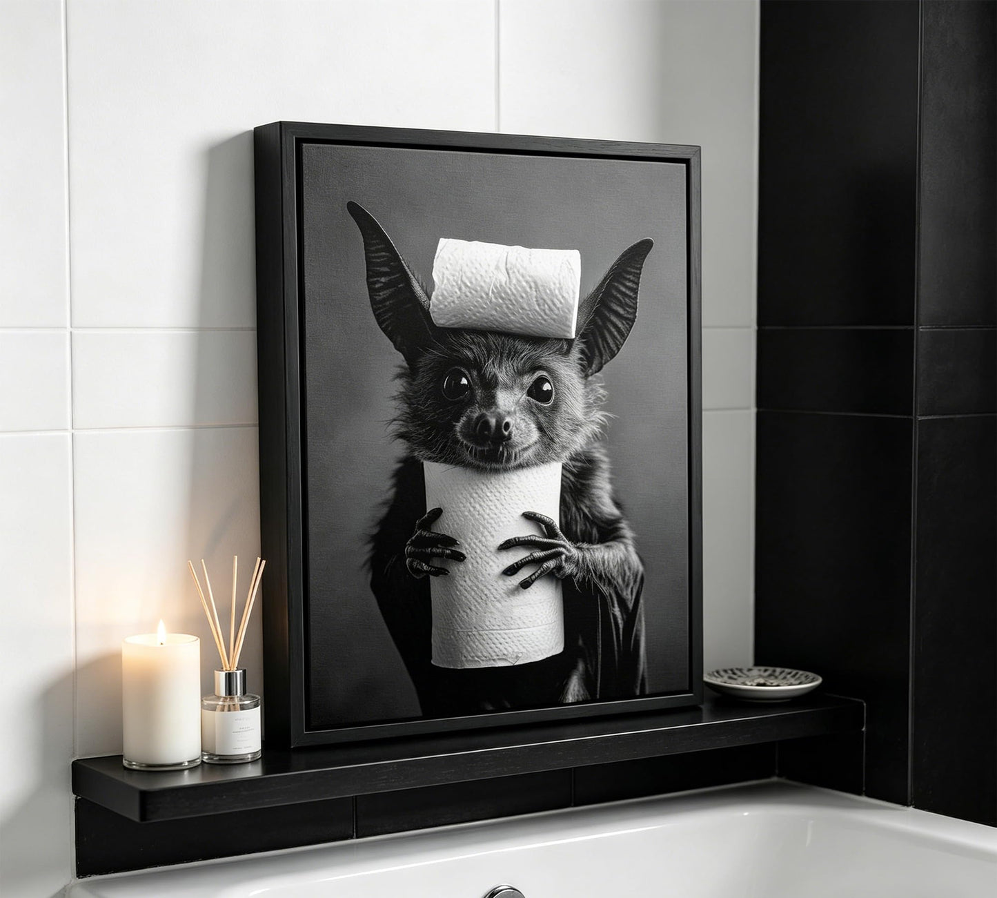 Funny Bat Bathroom Framed Wall Art, Black and White Cute Bat with Toilet Paper Wall Decor, Humorous Animal Bathroom Canvas Print for Restroom, Powder Room, Toilet, Home Decoration 8x10 Inch