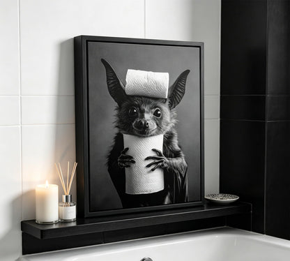 Funny Bat Bathroom Framed Wall Art, Black and White Cute Bat with Toilet Paper Wall Decor, Humorous Animal Bathroom Canvas Print for Restroom, Powder Room, Toilet, Home Decoration 8x10 Inch
