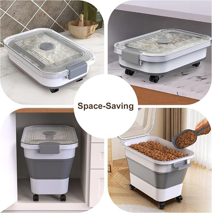 Rice Storage Container, Collapsible Airtight Food Storage Containers 20-30lbs with Clear Lid and Wheels, Rice Dispenser with Scoop for Flour Cereal Pasta Grain, Cat Pet Bird Dog Food Storage Container