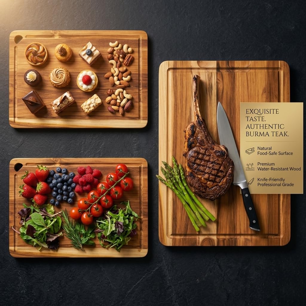 Zoutley 3-Piece Teak Wood Cutting Board for Kitchen, Knife-Friendly Chopping Boards with Juice Grooves & Storage Stand, Heavy Duty Wooden Boards for Meat, Fruit & Cheese, Ideal Housewarming Gift