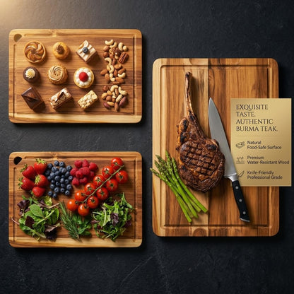 Zoutley 3-Piece Teak Wood Cutting Board for Kitchen, Knife-Friendly Chopping Boards with Juice Grooves & Storage Stand, Heavy Duty Wooden Boards for Meat, Fruit & Cheese, Ideal Housewarming Gift