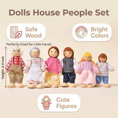 Handlive 7-Piece Wooden Dolls for Dollhouse Family Set, Mini People Figures for Doll House People Role Play