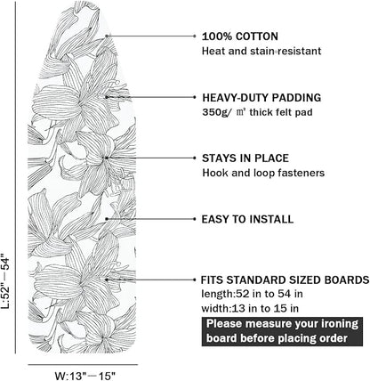 Ironing Board Cover and Pad Standard Size 15" x 54", 3 Pairs of Hook and Loop