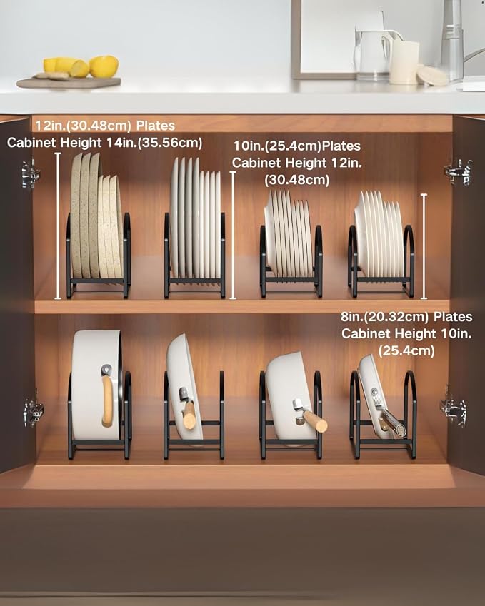 4 Pack Kitchen Plate Holder Organizer for Cabinet Space Saver Dinner Dish Plate Storage Rack Upright Dish Drying Racks Metal Dish Racks Stand for Cupboard and Countertop 2 Large 2 Small Black