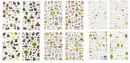 K-Style Cute Animal Sticker Variety Pack (4 Sheets x 3 Themes, 12 Sheets Total) - Rabbit, Black Cat, Blush Bear - Made in Korea Deco Stickers for Journaling, Planner, DIY Crafts, Gifts