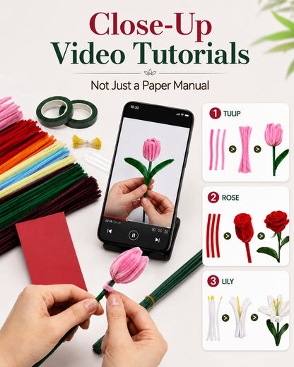 Anpyxun Pipe Cleaner Flower Kit for Adults, DIY Flower Bouquet Kit with Step-by-Step Video Tutorials, 600PCS Flower Craft Set for Beginners, Handmade Forever Flower Bouquet Making Supplies