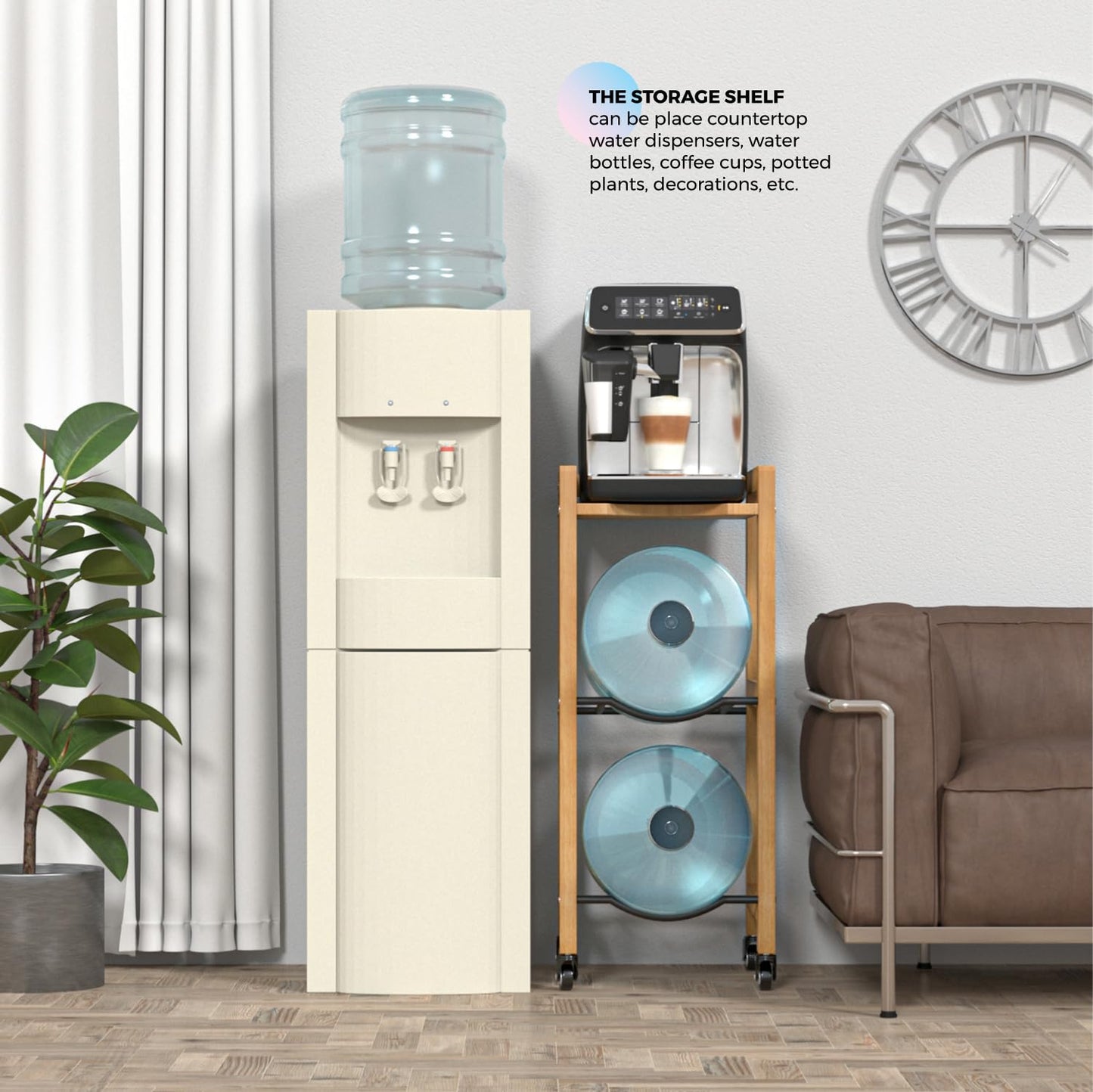3-Tier 5 Gallon Water Jug Holder with Top Shelf – 4 Metal Wheels or Adjustable Feet – Natural Hardwood Water Dispenser Floor Stand – Wooden Organizer for Kitchen, Office, Garage – Space-Saving Design