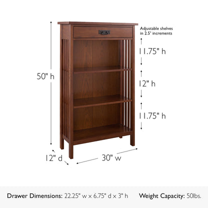 Leick Home 82262 Mission Mantel Height Bookcase with Slatted Sides and Top Drawer, Made with Solid Wood, for Living Rooms, Mission Oak Finish, Brownbronze