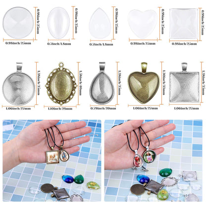 Aenezus Pendant Trays Set with Glass Cabochons for Jewelry Making - 90pcs, Includes 30pcs Bezel Pendants, 30 Glass Cabochons, 30 Necklace Cords