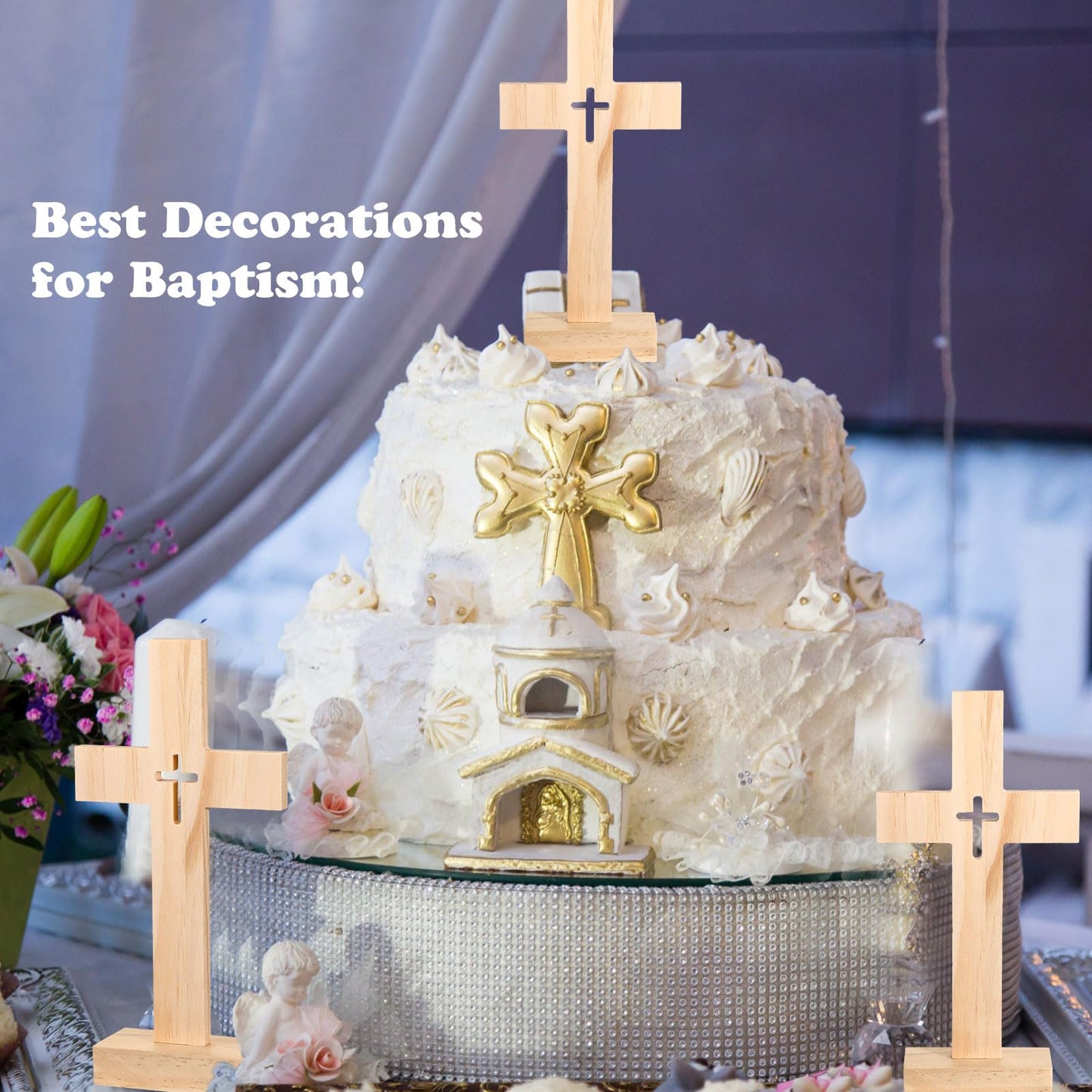 Suzile 12 Pieces Christmas Nativity Wooden Cross Unfinished Wood Tabletop for Crafts Standing Centerpieces Easter Church Sunday School First Communion Baptism Decorations (Hollow Out)