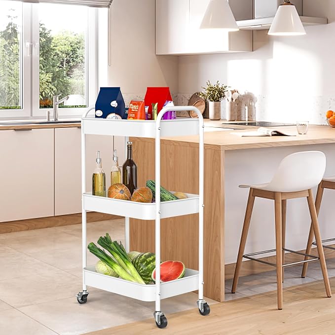 3-Tier Rolling Cart, Metal Utility Storage Carts with Wheels,White | Multi-Functional Organizer Snack Cart Easy Assembly