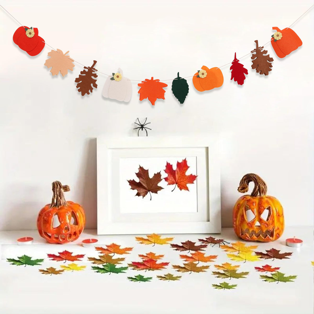 Felt Pumpkin and Leaves Garland – Fall Harvest Banner for Fireplace Mantel, Thanksgiving Party Decorations, Halloween and Autumn Home Decor