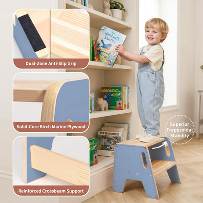 WINGYZ Toddler Step Stool, 3-Height Adjustable Wooden Stool for Kids, FSC & ASTM Birch Marine Plywood, 200lb Capacity, Bathroom Sink Independence, Kitchen Potty Training, Light Blue