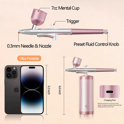Airbrush Kit With Compressor 48PSI Rechargeable High Pressure Air Brush Set Cordless Airbrush Kit with 0.3mm Nozzle for Painting,Nail Art, Cake Decor,Makeup,Modeling (Pink)