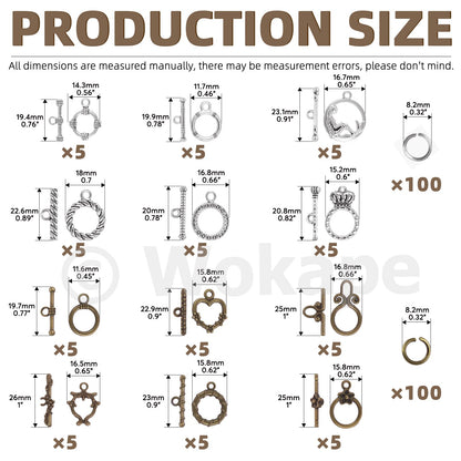 Wokape 260Pcs Tibetan Alloy Toggle Clasps with Open Jump Rings, 12 Styles T-bar Closure Clasp IQ Toggle Clasps Fastener Hook Toggle Connectors for Jewelry Making DIY Craft