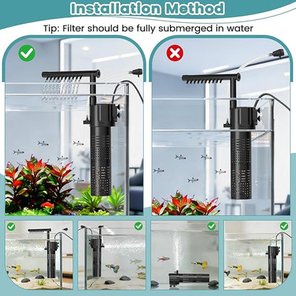 hygger Internal Aquarium Filter, 5-in-1 Submersible Power Fish Tank Filter, Adjustable Wave Maker & Air Bubbler, Quiet Turtle Tank Filter for 15-30 Gallon Freshwater Saltwater, 210GPH, 10W