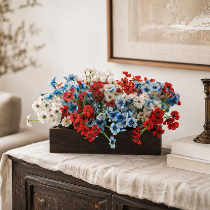 Red Wihte and Blue Flower Centerpieces for Table, 4th of July Artificial Flower Decorations 18Pcs UV Resistant Faux Violet Bouquet with Wooden Tray Patriotic Indoor Home Decor Living Room Kitchen