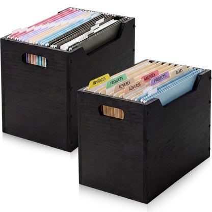 Gerrii 2 Pack Wood File Organizer Box, 12.6 x 8.5 x 10.2 Inch Black Desktop Document Storage Crate with Handle Slot, Assembling Magazine File Holder Bins for Countertop Home Office