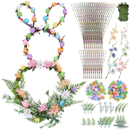 INFUNLY 20 Sets Rabbit Flower Crowns Making Kit 24 Inches Bunny Grapevine Wreath Kits DIY Festival Front Door Wreath with Pastel Eggs Hanging Floral Wreaths for Home Window Wall Holiday Party Decor