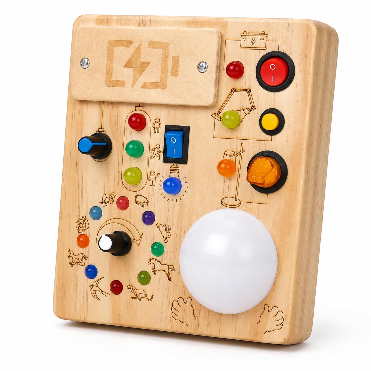 IRUPEN Montessori Busy Board for Toddlers 1-3 Year Old, Sensory Activity Toys for Baby Aged 1 2 3 Years Old with LED Light Switches, Wooden Travel Toys for Boys Girls Gift (Tap Light Busy Board)