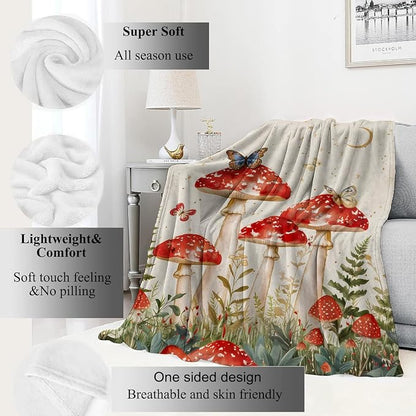 Red Mushroom Blanket Enchanting Forest Throw Blankets with Butterfly,Birthday Gifts for Girls Women & Nature Lovers,Lightweight Soft Fleece,for Sofa Couch Bed Room Fairy Tale Decor 60x80in