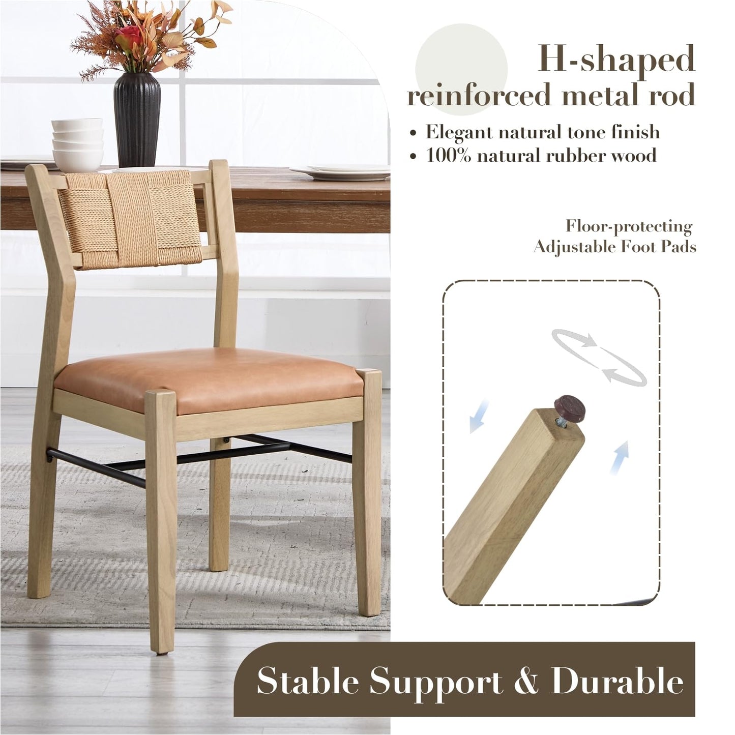 CIMOTA Wooden Dining Chairs Set of 2, Rope Woven Back,Upholstered Dining Room Chairs with Brown Faux Leather 2.25" Padded Seat, Mid-Century Modern Farmhouse Armless Kitchen Side Chairs for Dining Room