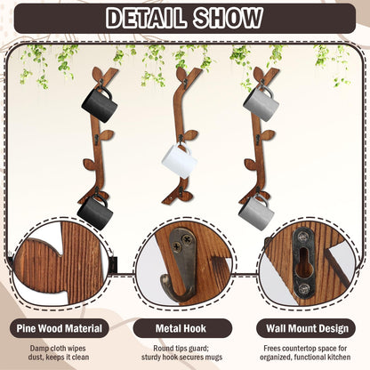 MSHUNKEJI 3 Pack Wood Coffee Mug Wall Rack with 9 Hooks Wall Mount Coffee Cup Holder Wooden Espresso Cup Holder Tree Brown Mug Stand Display Wall Mounted Cup Drying Rack for Kitchen Cafe