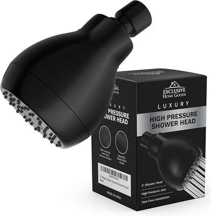 High Pressure Shower Head Matte Black - Powerful Deluxe Bathroom Showerhead with Strong Spray Stream and Small Silicone Nozzles - Universal Fit Works with High and Low Water Flow Showers-2.5 GPM