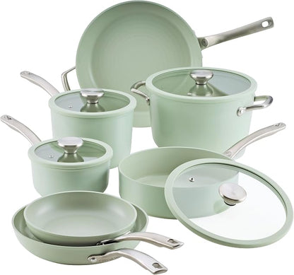 Circulon Halo with LaserDefense Ceramic Nonstick Cookware Set, 11-Piece Pots and Pans Set, Sage