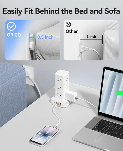 ORICO Tower Power Strip with Surge Protection, Charging Station Tower with 12 AC Outlets 4 USB Ports (2 USB C), Space Saving Design, 5FT Tower Extension Cord for Home, Office, Dorm - TPP20